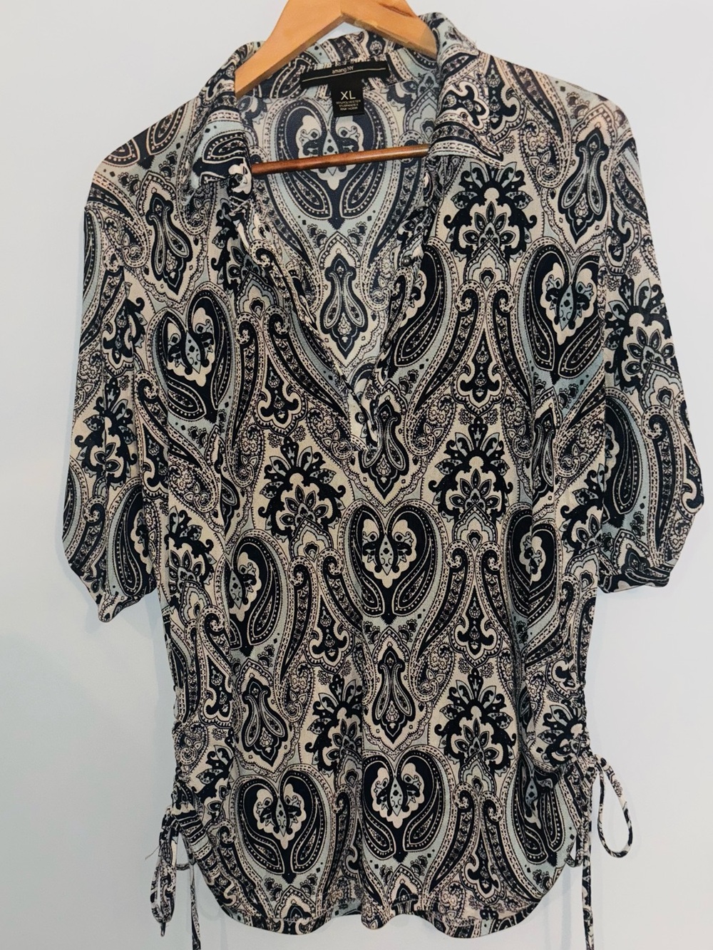 Button-Front Paisley Blouse in Navy and Cream